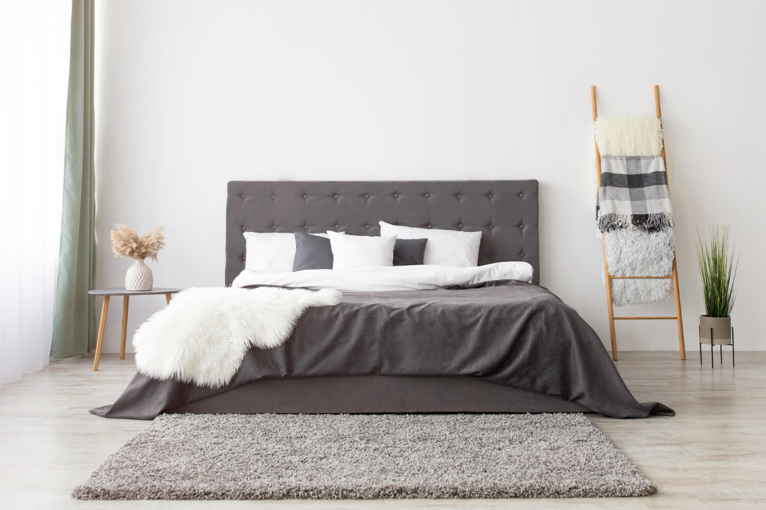 Cozy bedroom in scandinavian minimalist style, panorama