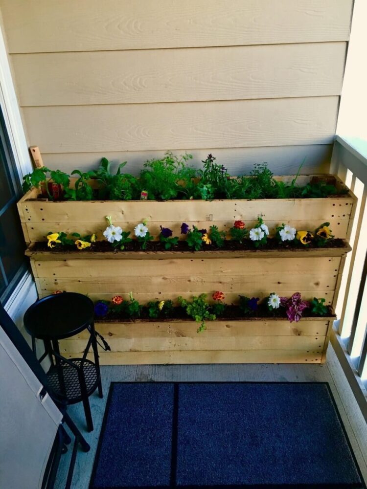 pallet herb garden with tomatoes and decorative plants