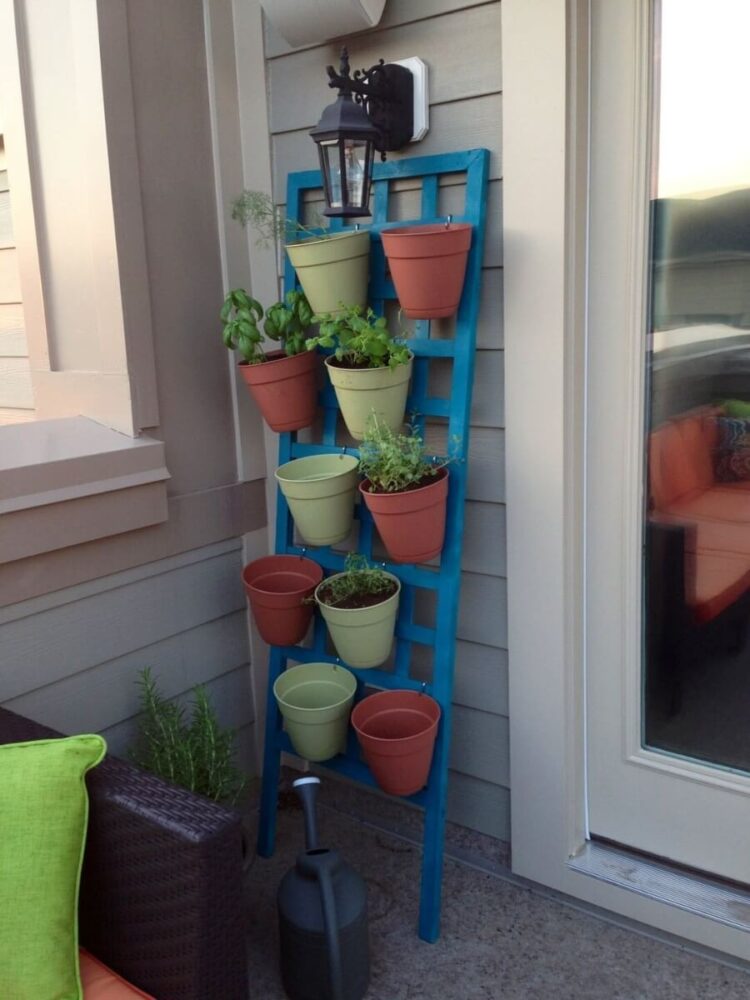 vertical herb garden with metal frame and flowers