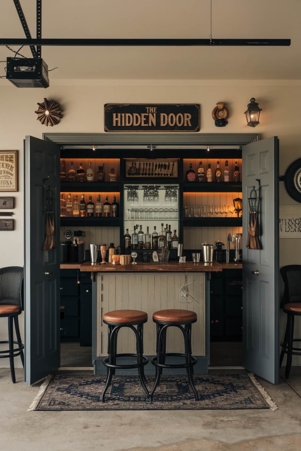 vintage style garage bar with hidden door and classic decor