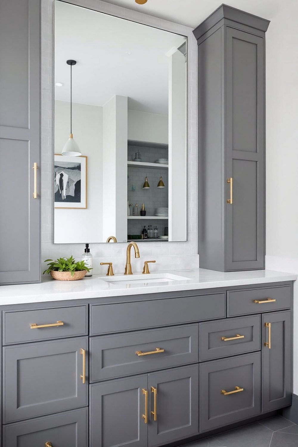 Grey Cabinetry with Brass Hardware
