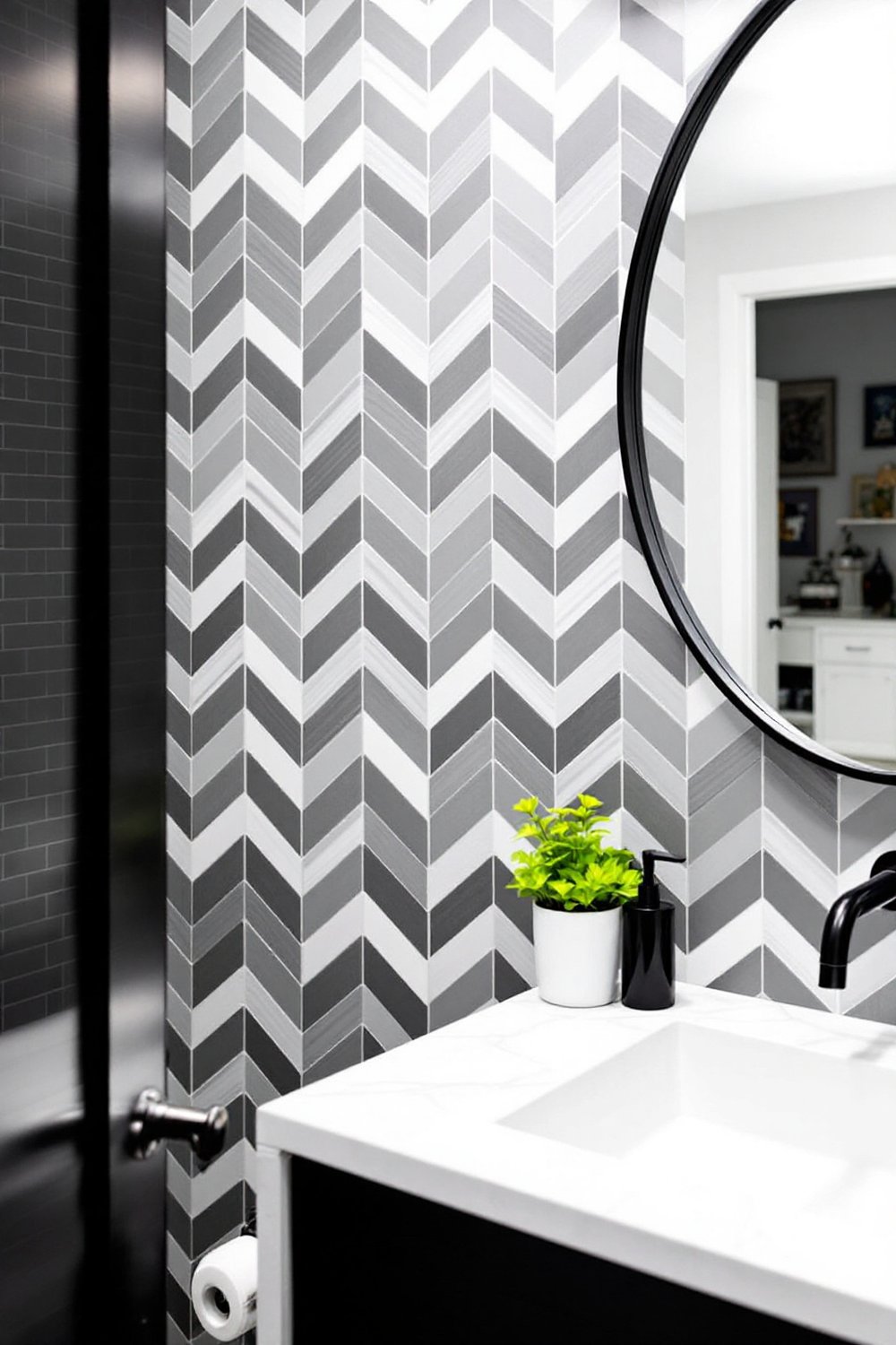 Grey and White Chevron Tile Backsplash