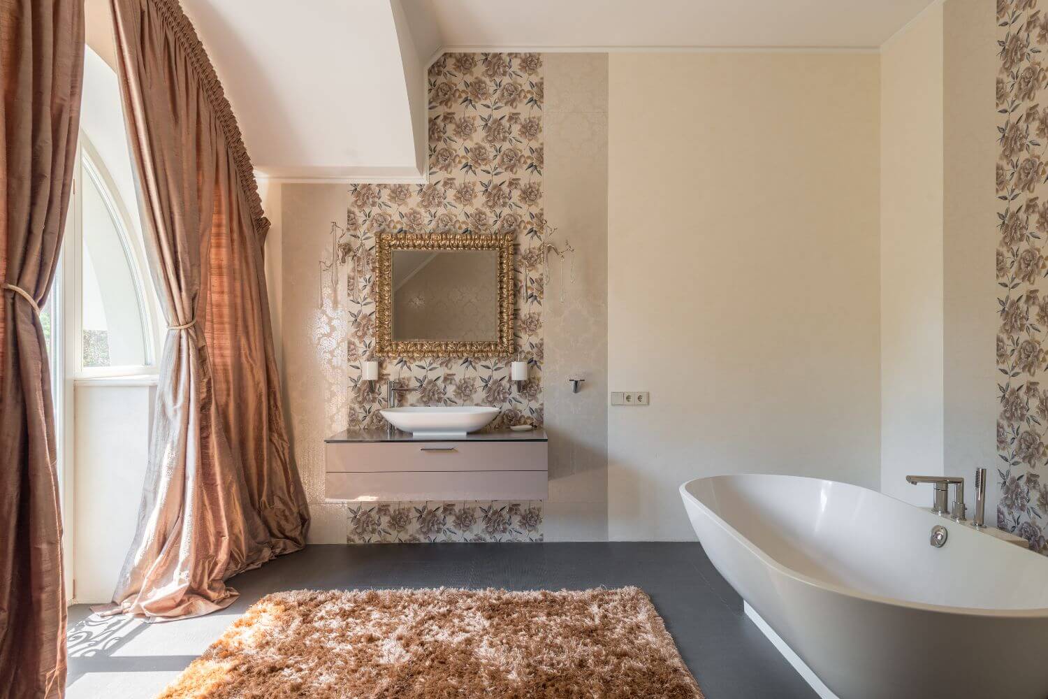 Interior of classic bathroom with soft rug