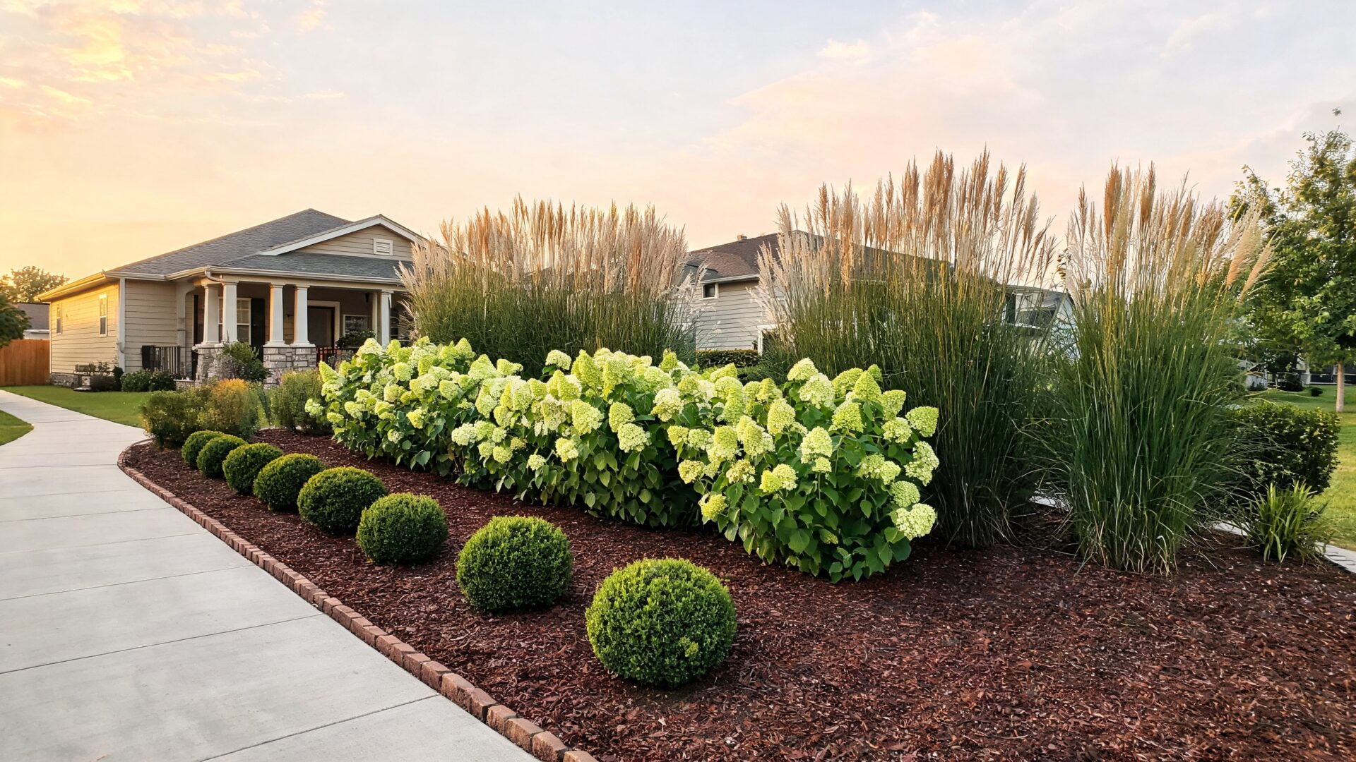 Landscaped front border with hydrangeas, boxwood globes, and tall grasses