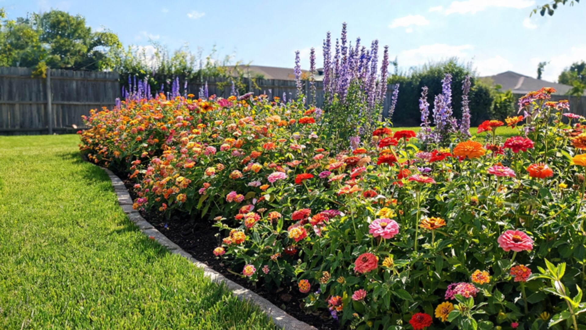 Backyard flower border in full bloom under bright summer sun
