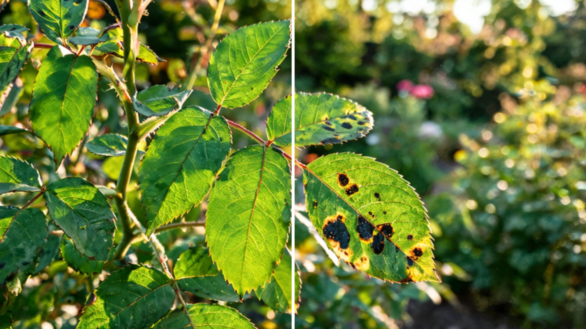 Rose branch with healthy green leaves on the left and black spot on the right
