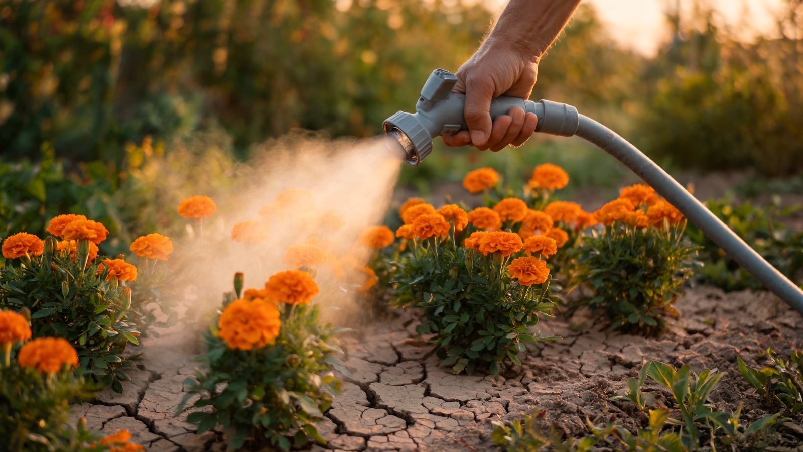 Hand-held hose nozzle misting marigolds above pale cracked soil