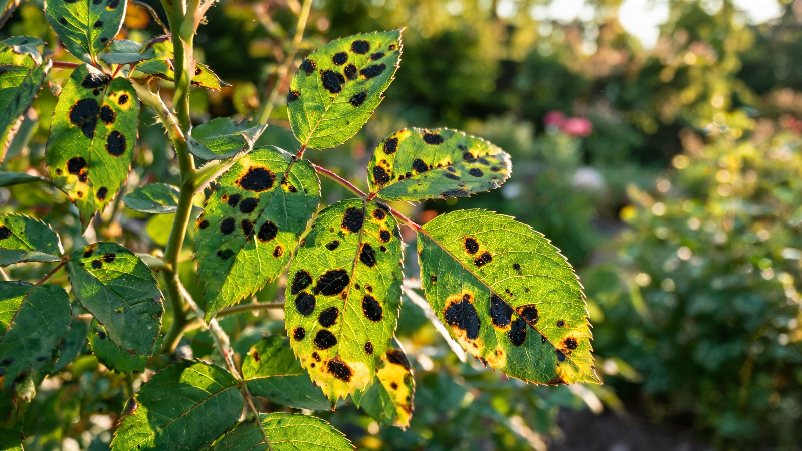 Black spot disease on rose leaves in a summer garden