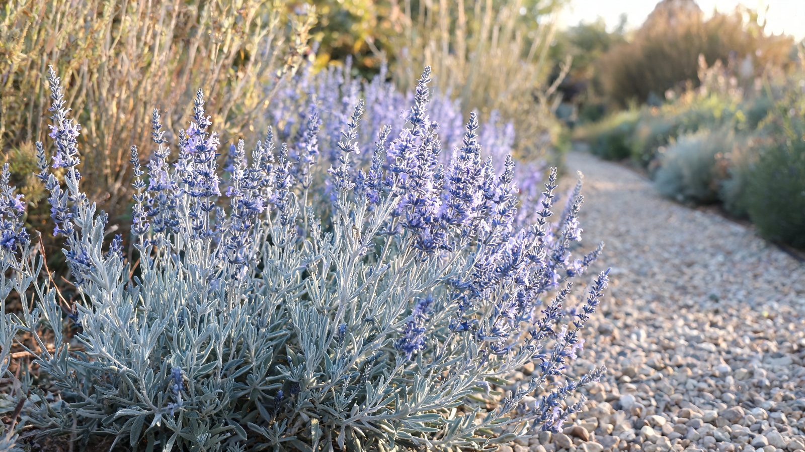Russian sage haze of blue beside a gravel path