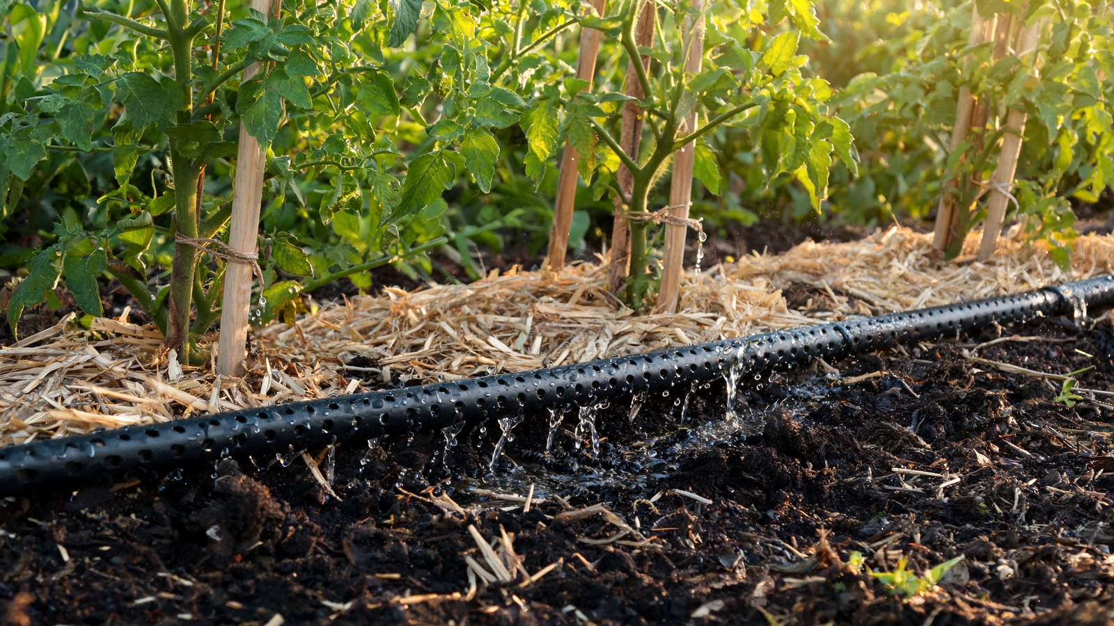 Soaker hose seeping water beneath mulched tomato plants