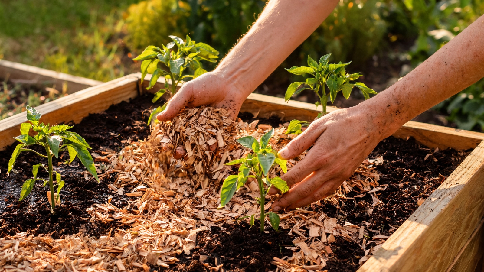 Hands spreading bark mulch around young pepper plants